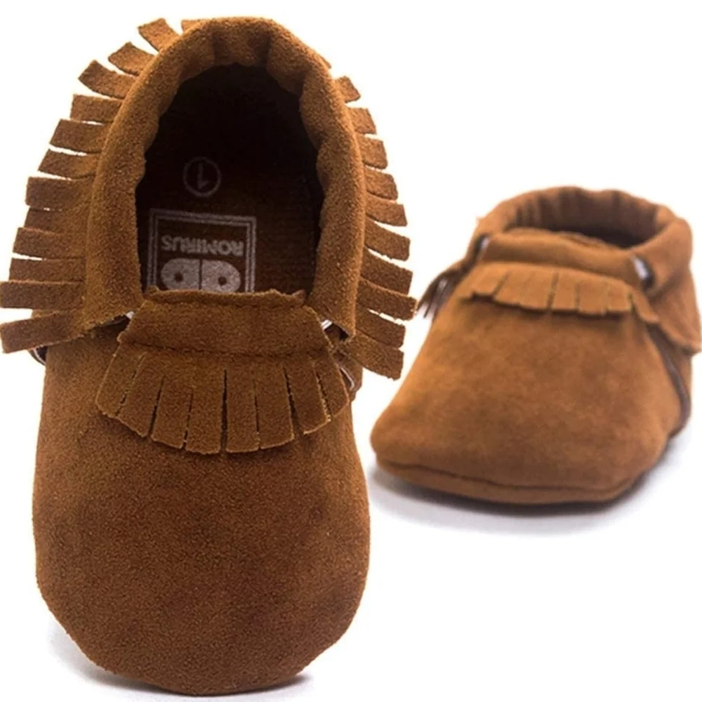 Meckior Baby Moccasins Size 2 Brown Faux Leather Tassel Soft Sole Crib Shoes NEW